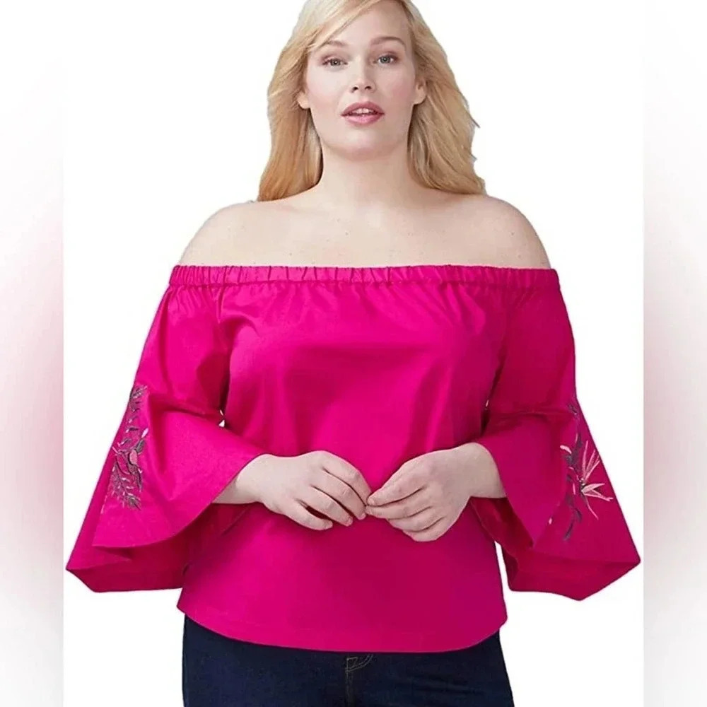 Lane Bryant Embroidered Off-the-Shoulder Blouse Top - Tropical Floral Summer